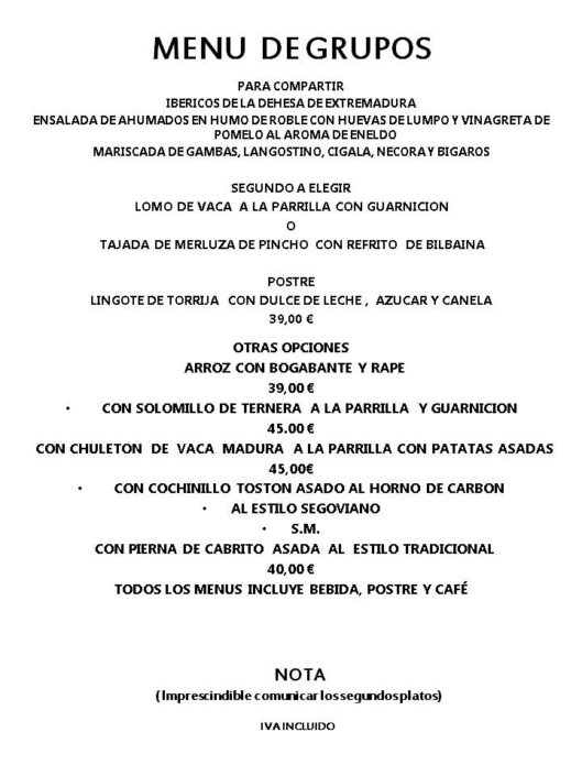 Restaurante La Corte MENU DE GRUPOS 2022